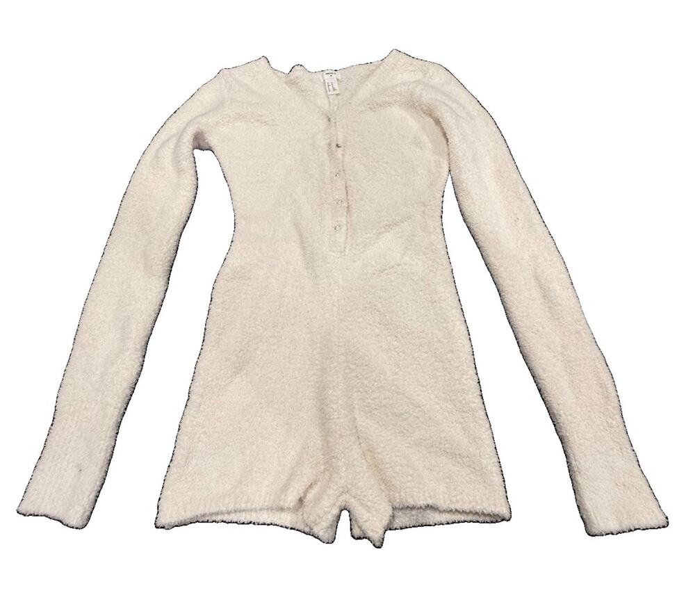 Forever 21 Womens M Ivory Fuzzy Plush Long Sleeve Romper Lounge Cozy